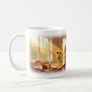 Sonnenbeschienene Küche und Garten Morgen Frieden Kaffeetasse