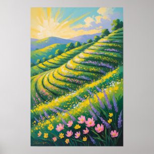 Sonnenbeschienene Lavendelfelder mit sanften Hügel Poster