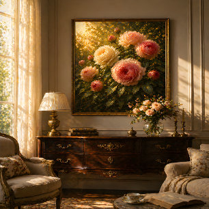 Sonnenbeschienene Rosen Ölmalerei – Vintage Floral Poster