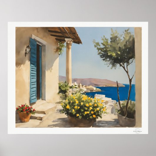 Sonnenbeschienene Terrasse am Meer Poster (Vorne)