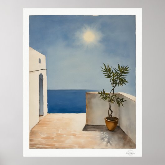 Sonnenbeschienene Terrasse mit Olivenbaum Poster (Vorne)