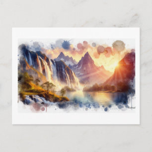 Sonnenbeschienener Wasserfall am Berg, Postkarte