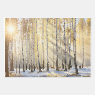 Sonnenbeschienener Winter-Birkenwald mit Hirschen Geschenkpapier Set