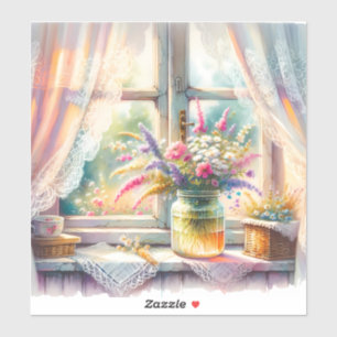Sonnenbeschienenes Cottage-Fenster mit Wildblumen Aufkleber