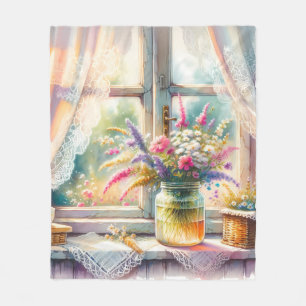 Sonnenbeschienenes Cottage-Fenster mit Wildblumen Fleecedecke