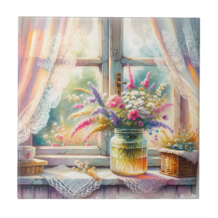 Sonnenbeschienenes Cottage-Fenster mit Wildblumen Fliese
