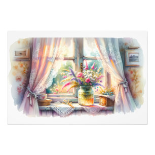 Sonnenbeschienenes Cottage-Fenster mit Wildblumen Fotodruck