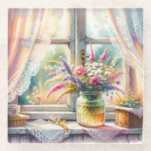 Sonnenbeschienenes Cottage-Fenster mit Wildblumen Glasuntersetzer