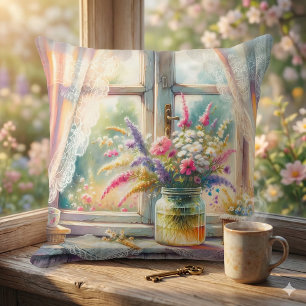 Sonnenbeschienenes Cottage-Fenster mit Wildblumen Kissen