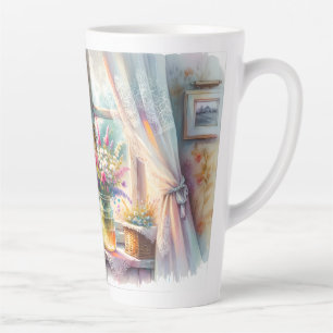 Sonnenbeschienenes Cottage-Fenster mit Wildblumen Milchtasse