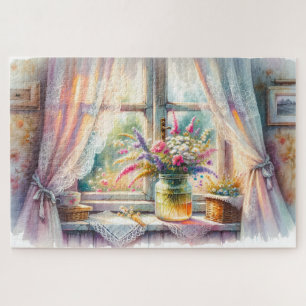 Sonnenbeschienenes Cottage-Fenster mit Wildblumen Puzzle
