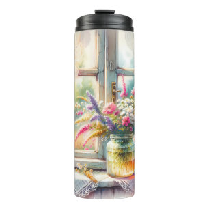 Sonnenbeschienenes Cottage-Fenster mit Wildblumen Thermosbecher