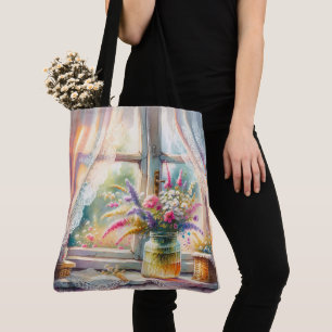 Sonnenbeschienenes Cottage-Fenster Wildblumen Tasche