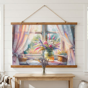 Sonnenbeschienertes Cottage-Fenster Wildblumen Wandteppich Mit Holzrahmen