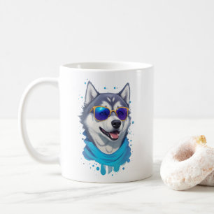 Sonnenblasen tragender Husky-Hund in spielerischer Kaffeetasse