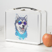 Sonnenblasen tragender Husky-Hund in spielerischer Metall Brotdose (Beispiel)