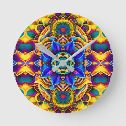 Sonnenblauer Akzent-Mandala Runde Wanduhr (Vorderseite)