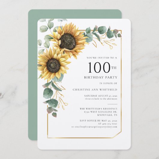Sonnenblume 100. Geburtstag Einladung (Vorne/Hinten)