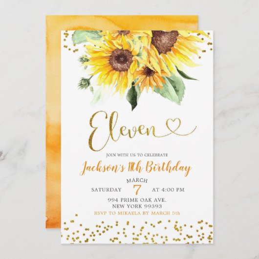 Sonnenblume 11. Geburtstag Einladung (Vorne/Hinten)
