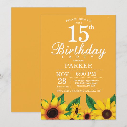 Sonnenblume 15. Geburtstag Einladung (Vorne/Hinten)