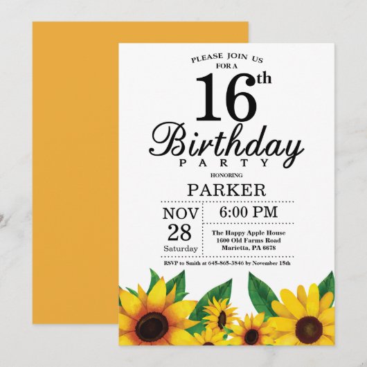 Sonnenblume 16. Geburtstag Einladung (Vorne/Hinten)