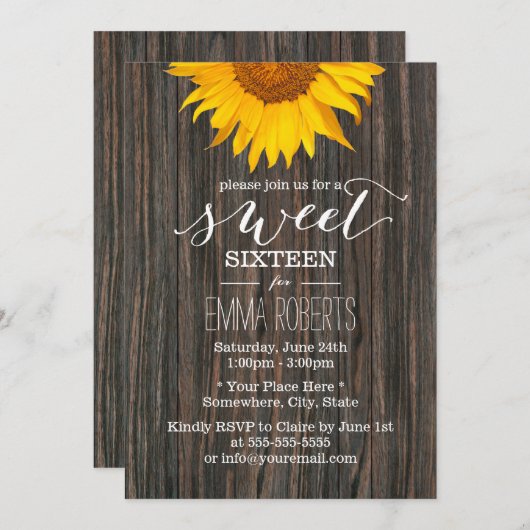 Sonnenblume 16 . Geburtstag Rustikales Holz Einladung (Vorne/Hinten)