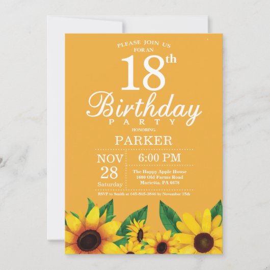 Sonnenblume 18. Geburtstag Einladung (Vorderseite)