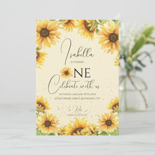 Sonnenblume 1. Geburtstag Party Einladung (Stehend Vorderseite)