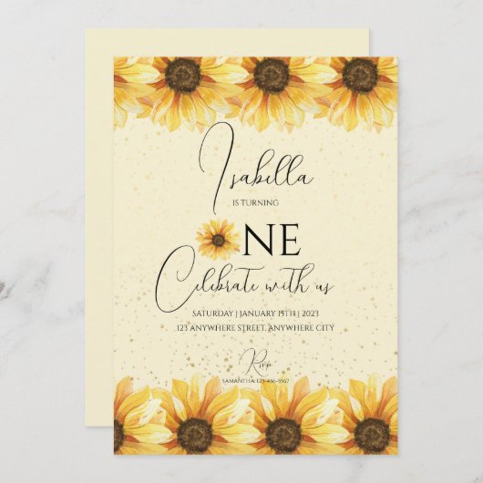 Sonnenblume 1. Geburtstag Party Einladung (Vorne/Hinten)