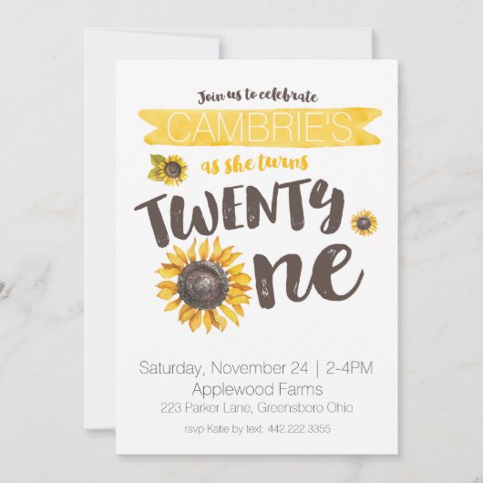 Sonnenblume 21. Geburtstag Einladung (Vorderseite)