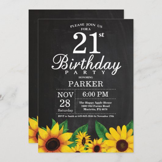 Sonnenblume 21. Geburtstag Einladung (Vorne/Hinten)