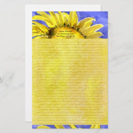 Sonnenblume 2 Wasserfarben Personalisiert Stationä Briefpapier (Vorne/Hinten)