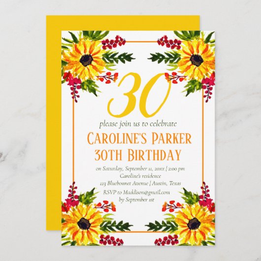 Sonnenblume 30. Geburtstag Gelbes Blütenerwachsen Einladung (Vorne/Hinten)