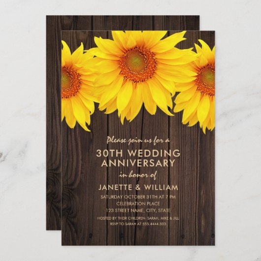 Sonnenblume 30. Hochzeitstag Rustikales Holz Einladung (Vorne/Hinten)