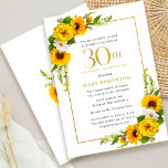 Sonnenblume 30. Sommer Geburtstagsparty Einladung<br><div class="desc">Hübsche gelbe Sonnenblume Blüte 30. Geburtstag Party Einladung. Gelbe Pfannenbäume und weiße Molkereien vermischen sich mit den Sonnenblumen. Ein rechteckiger goldfarbener Rahmen verleiht ihm ein elegantes Ambiente. Die 30. Geburtstagsfeier und der Name des Jubiläums sind in Gold geschrieben. Sehr einfach zu anpassen. Dieser Rücken ist weiß mit einem Sonnenblumenstrauß. Das...</div>