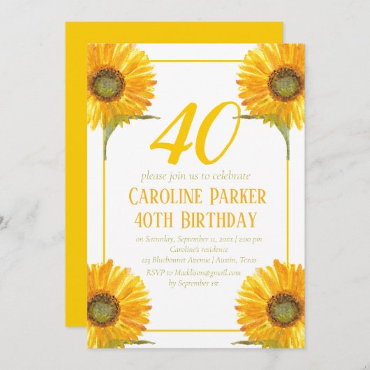 Sonnenblume 40. Geburtstag Gelbes Blütenerwachsen Einladung (Vorne/Hinten)