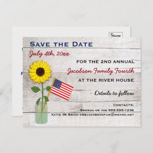 Sonnenblume 4. Juli Party oder Wiedersehen Save th Ankündigungspostkarte (Vorne/Hinten)