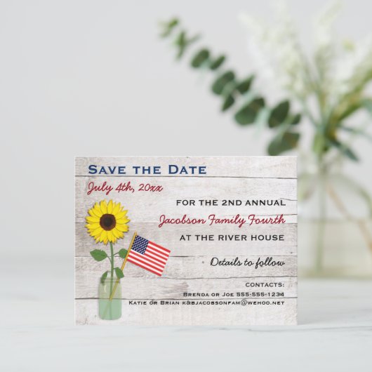Sonnenblume 4. Juli Party oder Wiedersehen Save th Ankündigungspostkarte (Stehend Vorderseite)