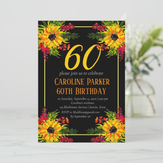 Sonnenblume 60. Geburtstag Gelbes Blütenerwachsen Einladung (Stehend Vorderseite)