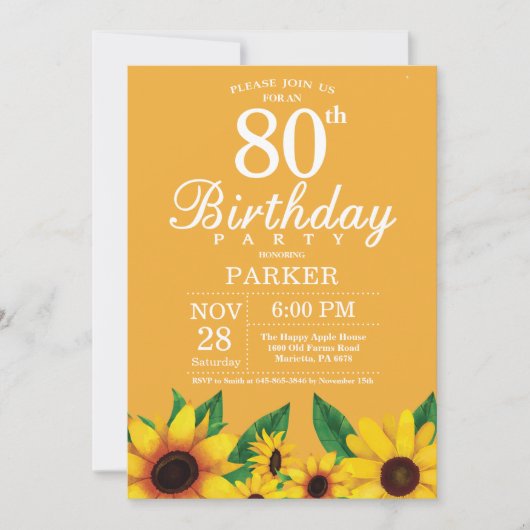 Sonnenblume 80. Geburtstag Einladung (Vorderseite)