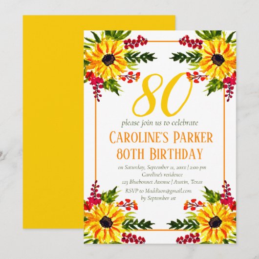 Sonnenblume 80. Geburtstag Gelbes Blütenerwachsen Einladung (Vorne/Hinten)