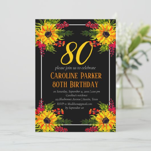 Sonnenblume 80. Geburtstag Gelbes Blütenerwachsen Einladung (Stehend Vorderseite)