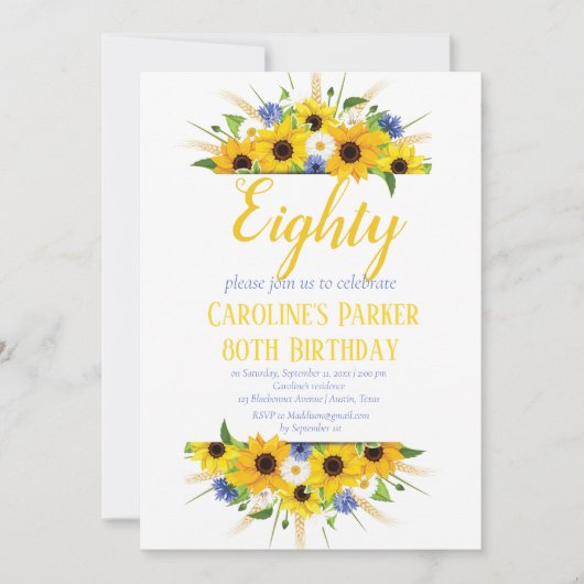 Sonnenblume 80. Geburtstag Gelbes Blütenerwachsen Einladung (Vorderseite)