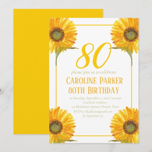 Sonnenblume 80. Geburtstag Gelbes Blütenerwachsen Einladung (Vorne/Hinten)
