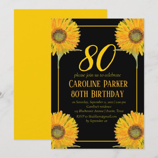 Sonnenblume 80. Geburtstag Gelbes Blütenerwachsen Einladung (Vorne/Hinten)