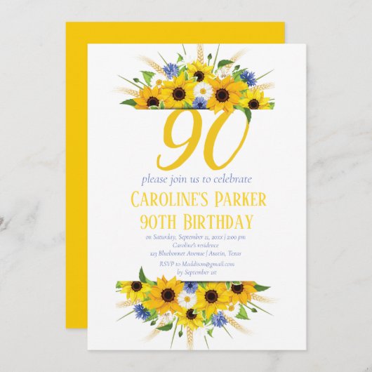 Sonnenblume 90. Geburtstag Gelbe Blütenerwachsene Einladung (Vorne/Hinten)