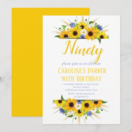 Sonnenblume 90. Geburtstag Gelbe Blütenerwachsene Einladung (Vorne/Hinten)
