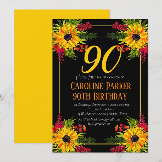 Sonnenblume 90. Geburtstag Gelbe Blütenerwachsene Einladung (Vorne/Hinten)