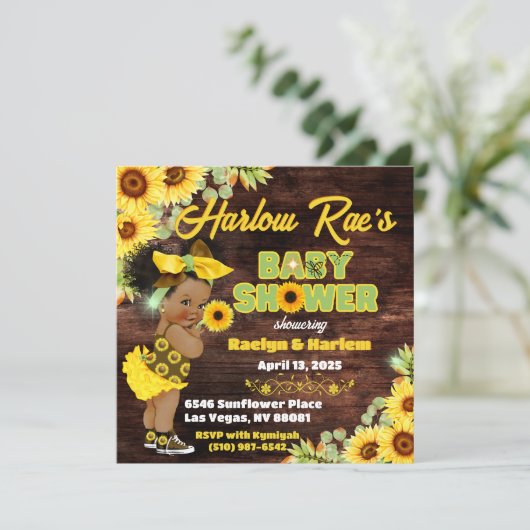 Sonnenblume Afro Baby Girl-Yellow Rustic Baby Dusc Einladung (Stehend Vorderseite)