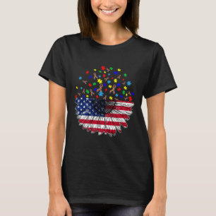 Sonnenblume amerikanische Flagge und Autismus Pluz T-Shirt